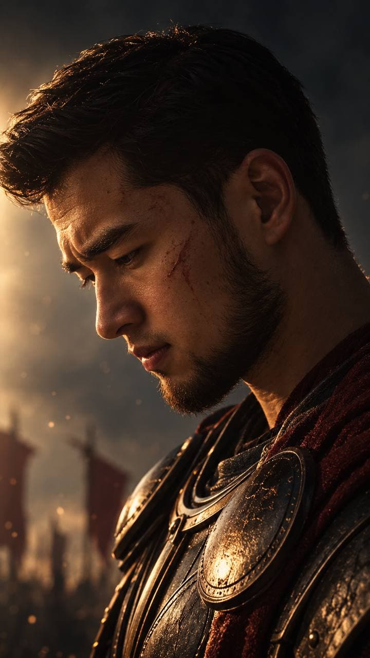 A cinematic AI portrait: a warrior in ornate armour, backlit at dusk with red banners blurred behind