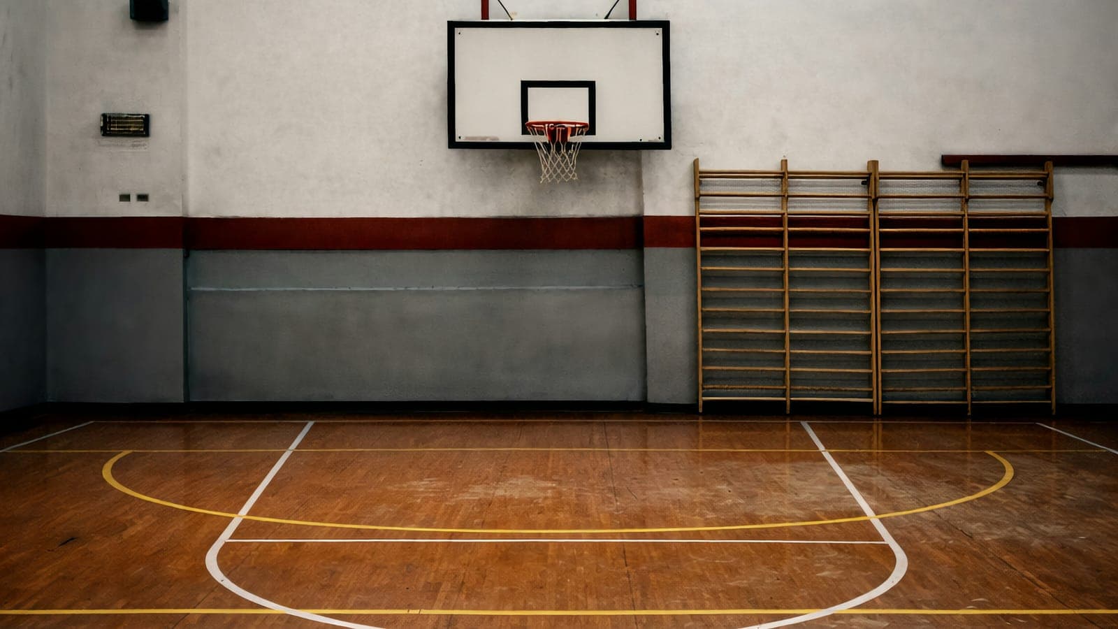An empty gym with a backboard mounted on a scuffed white wall beside wooden wall bars, with the painted key and three-point arc on worn hardwood in the foreground