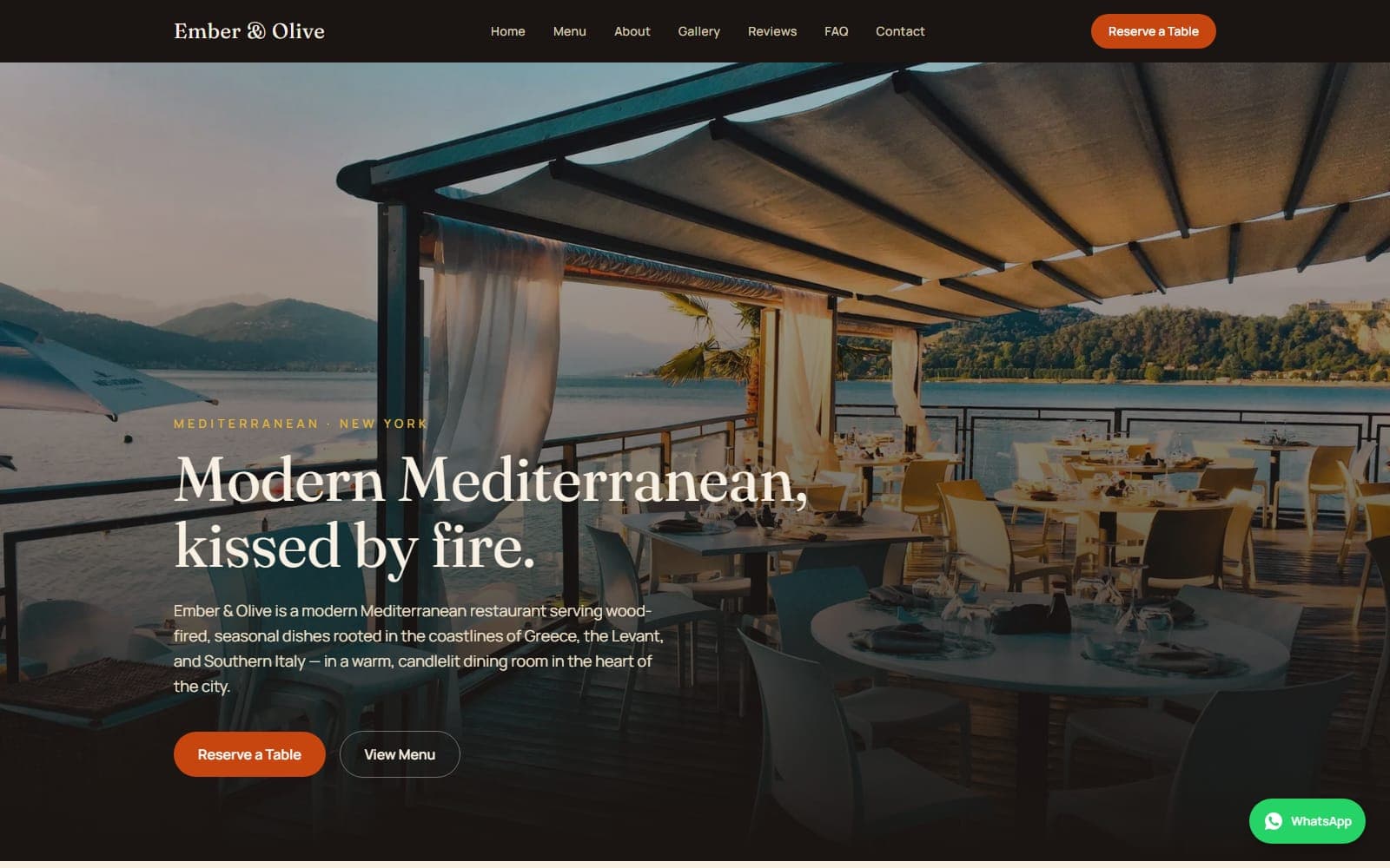 The Ember & Olive homepage — a waterside terrace at golden hour behind the headline "Modern Mediterranean, kissed by fire"