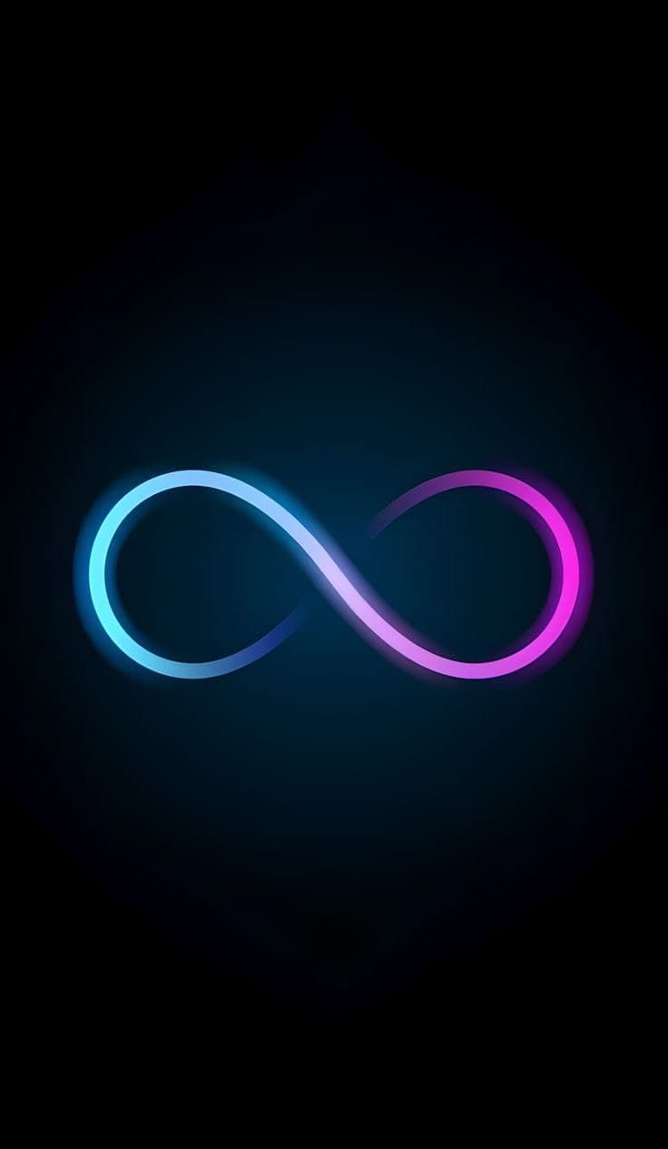 A glowing neon infinity symbol, blue on one side and magenta on the other, on a dark background