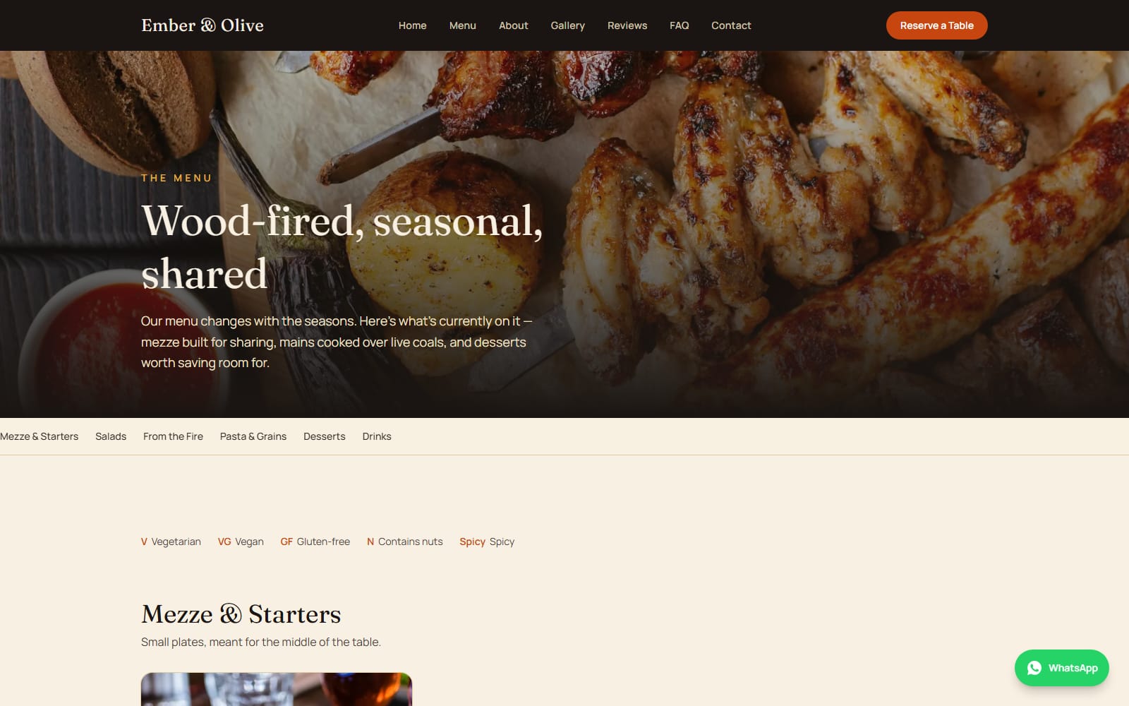 The menu page: a wood-fired mezze spread behind the heading "Wood-fired, seasonal, shared", with a sticky category bar beneath it.